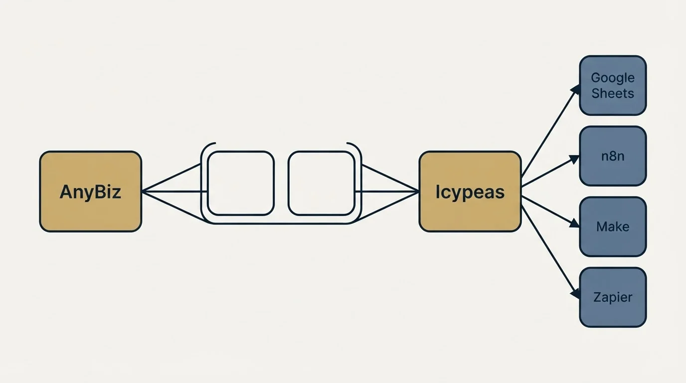 Integration schematic: Integration Ecosystem (AnyBiz, Icypeas, Google Sheets, n8n)