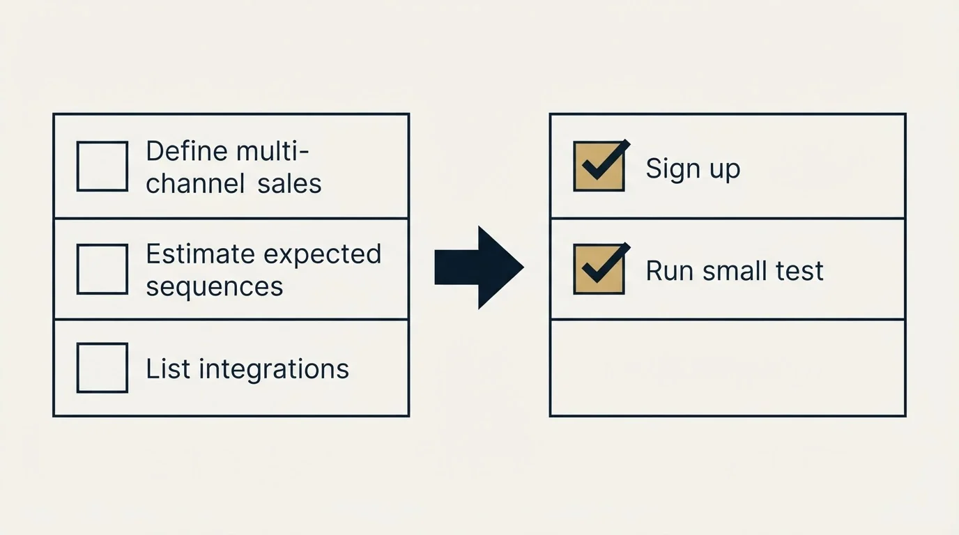 Before-and-after steps: Getting Started Checklist (Define multi-channel sales, Estimate expected sequences, List integrations, Sign up)