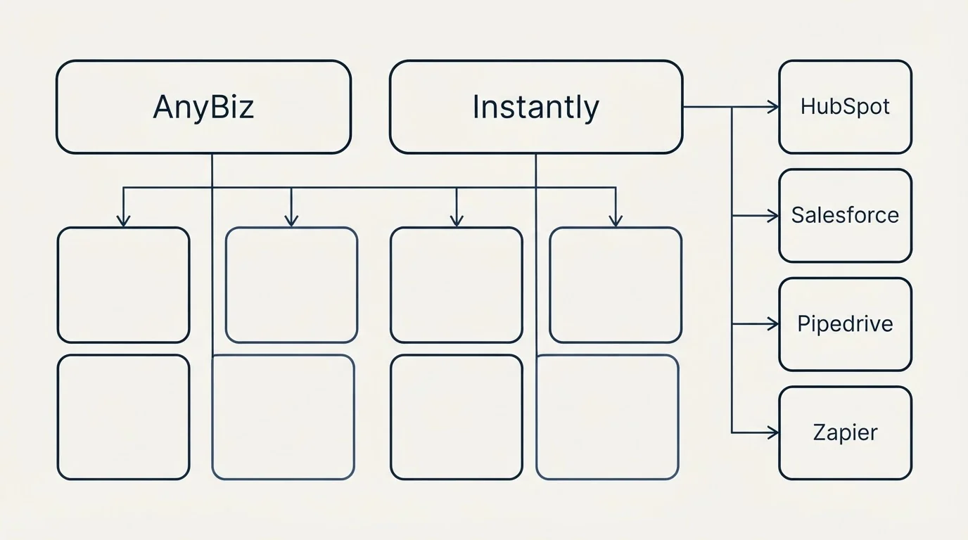 Integration grid: Integration Ecosystem (AnyBiz, Instantly, HubSpot, Salesforce)