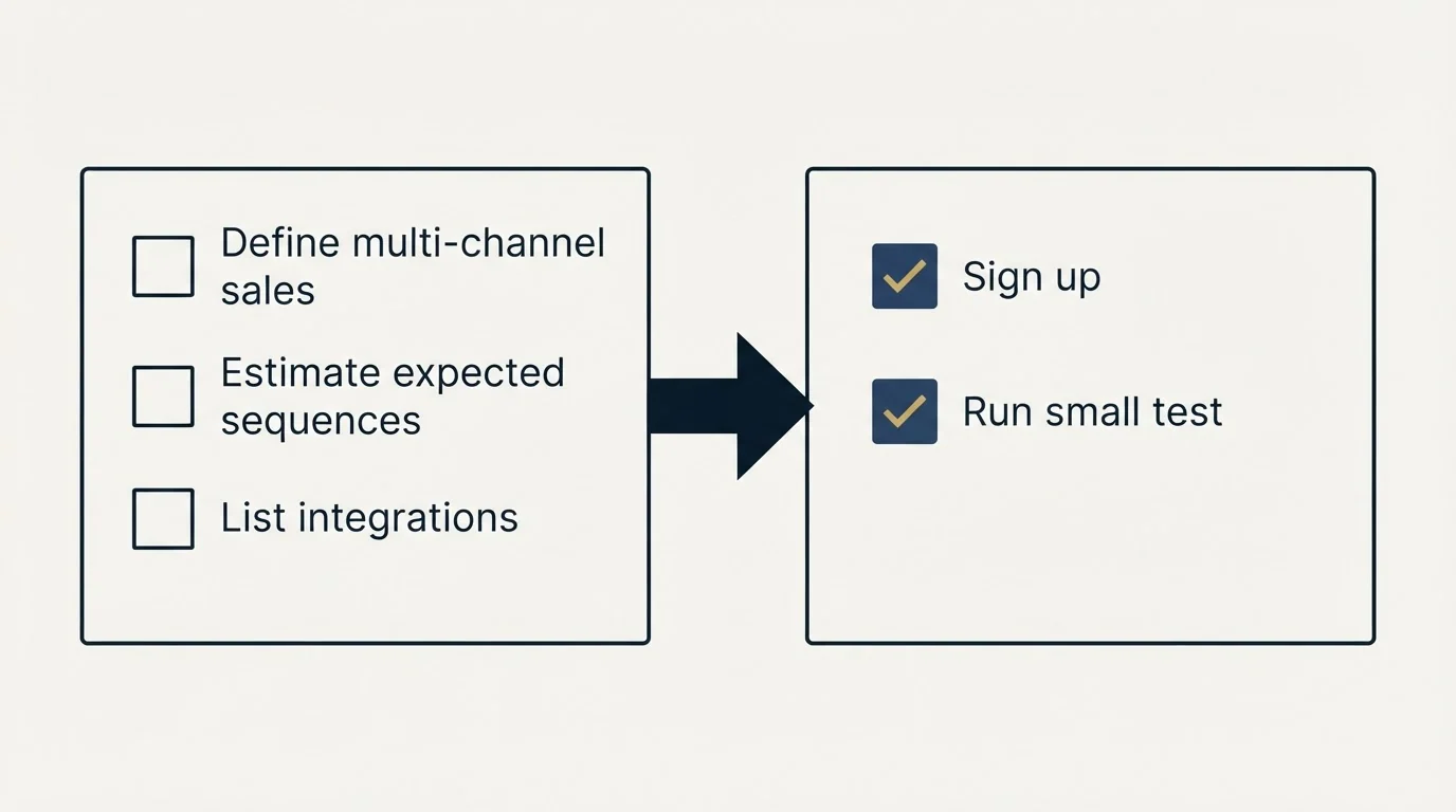 Before-and-after steps: Getting Started Checklist (Define multi-channel sales, Estimate expected sequences, List integrations, Sign up)