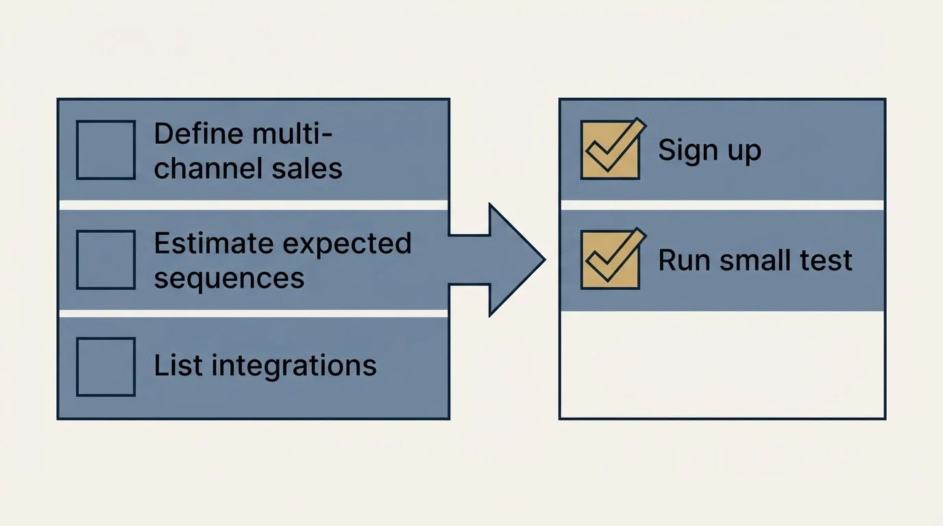 Before-and-after steps: Getting Started Checklist (Define multi-channel sales, Estimate expected sequences, List integrations, Sign up)