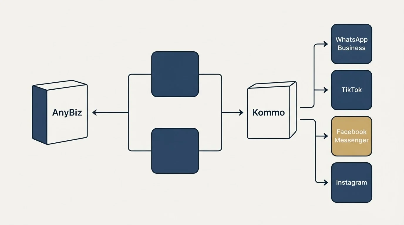 Integration flow: Integration Ecosystem (AnyBiz, Kommo, WhatsApp Business, TikTok)