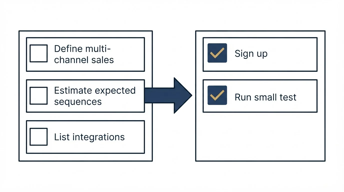 Before-and-after steps: Getting Started Checklist (Define multi-channel sales, Estimate expected sequences, List integrations, Sign up)