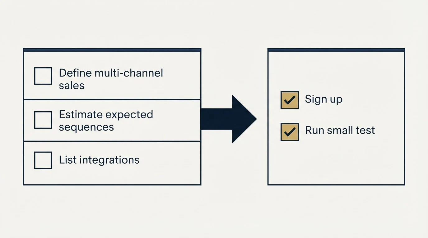 Before-and-after steps: Getting Started Checklist (Define multi-channel sales, Estimate expected sequences, List integrations, Sign up)