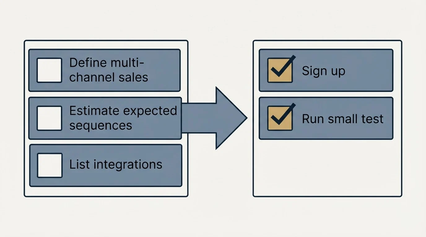 Before-and-after steps: Getting Started Checklist (Define multi-channel sales, Estimate expected sequences, List integrations, Sign up)