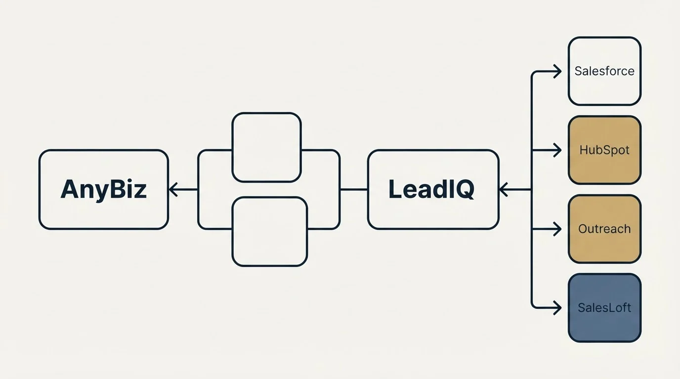 Integration schematic: Integration Ecosystem (AnyBiz, LeadIQ, Salesforce, HubSpot)