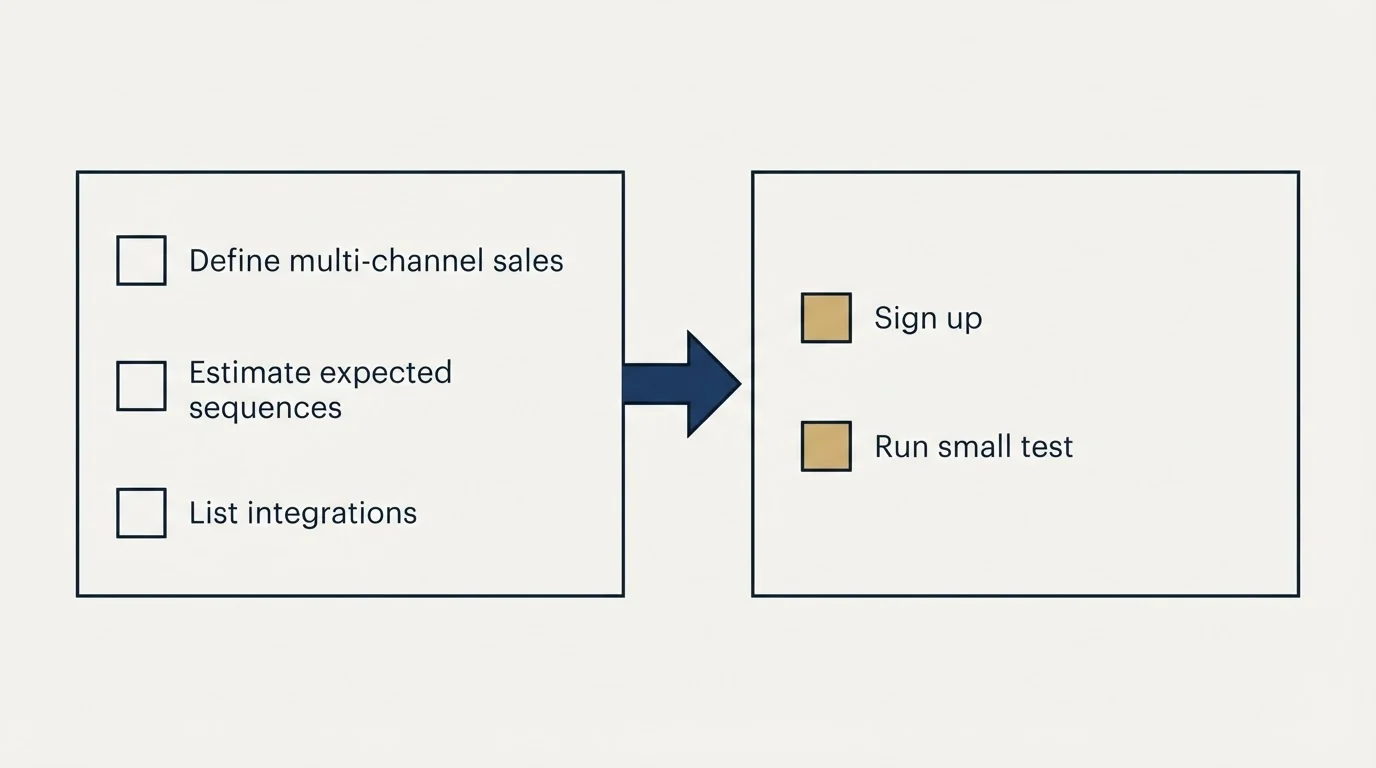 Before-and-after steps: Getting Started Checklist (Define multi-channel sales, Estimate expected sequences, List integrations, Sign up)