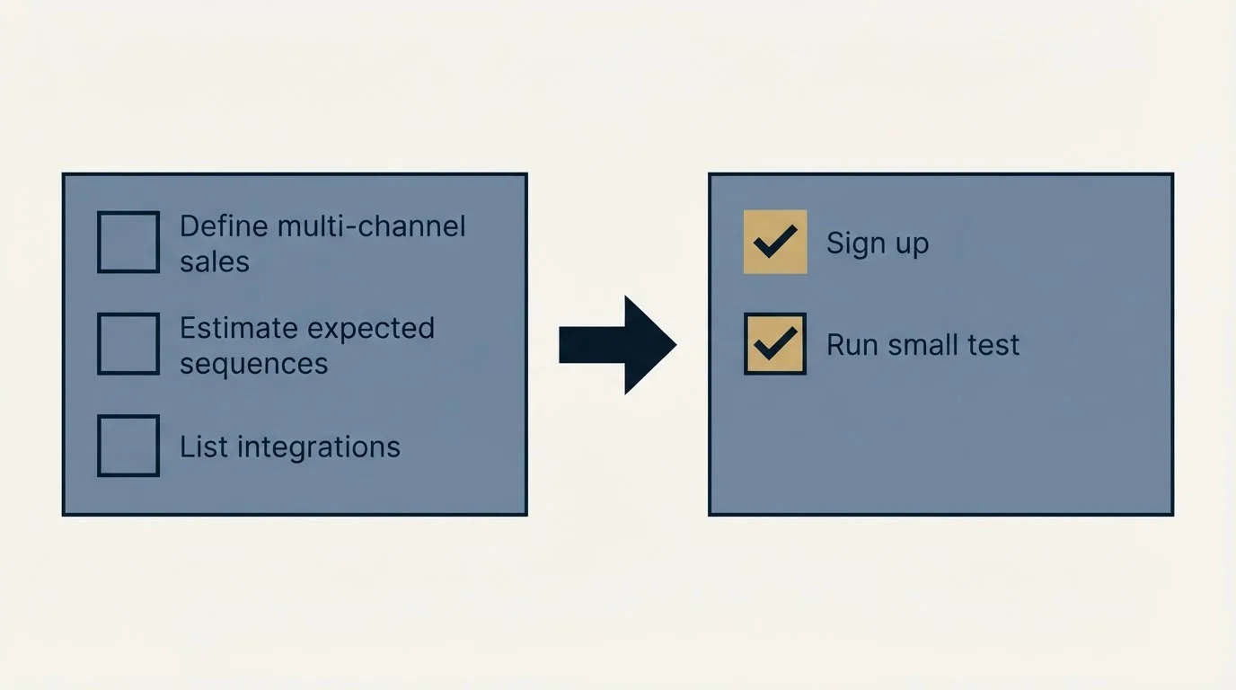 Before-and-after steps: Getting Started Checklist (Define multi-channel sales, Estimate expected sequences, List integrations, Sign up)