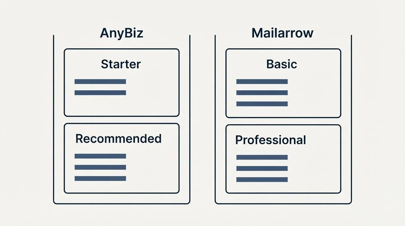 Pricing panels: Pricing Comparison (AnyBiz, Mailarrow, Starter, Basic)