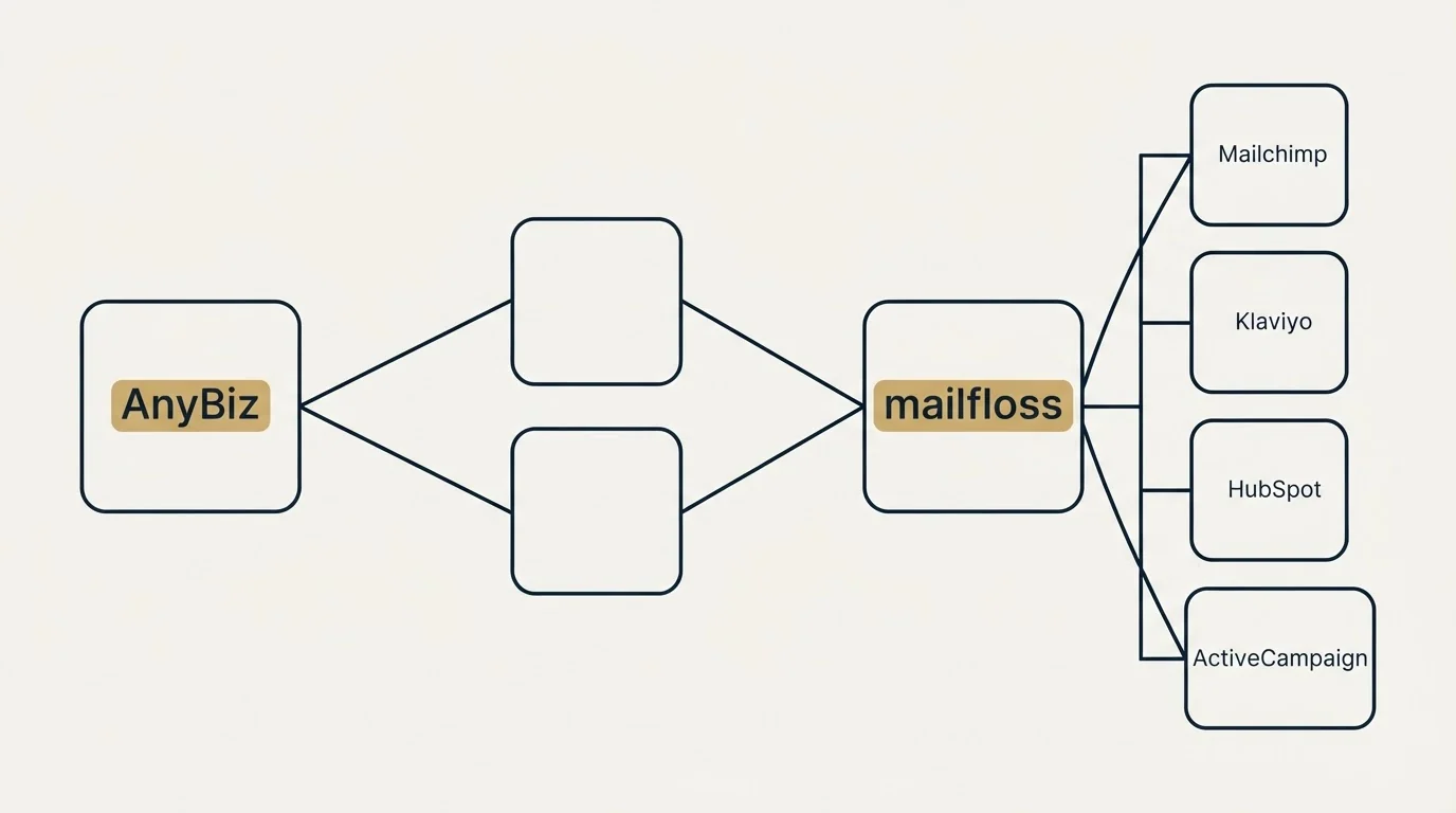 Integration schematic: Integration Ecosystem (AnyBiz, mailfloss, Mailchimp, Klaviyo)