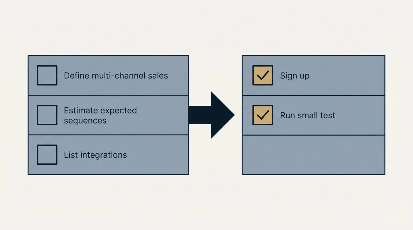 Before-and-after steps: Getting Started Checklist (Define multi-channel sales, Estimate expected sequences, List integrations, Sign up)