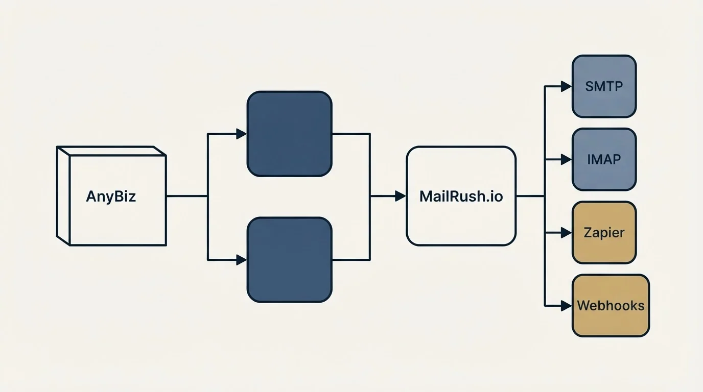 Integration flow: Integration Ecosystem (AnyBiz, MailRush.io, SMTP, IMAP)