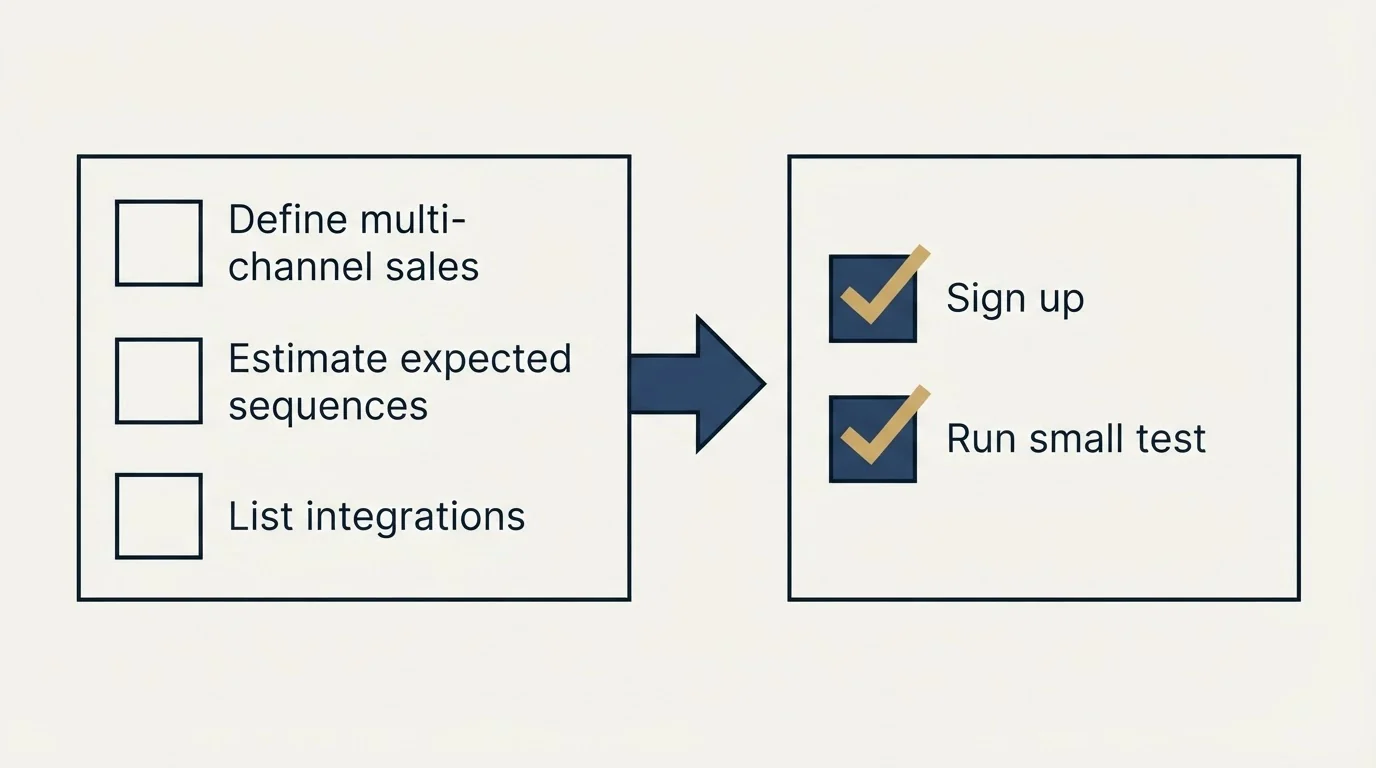 Before-and-after steps: Getting Started Checklist (Define multi-channel sales, Estimate expected sequences, List integrations, Sign up)