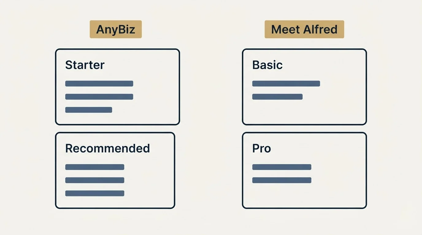 Pricing panels: Pricing Comparison (AnyBiz, Meet Alfred, Starter, Basic)