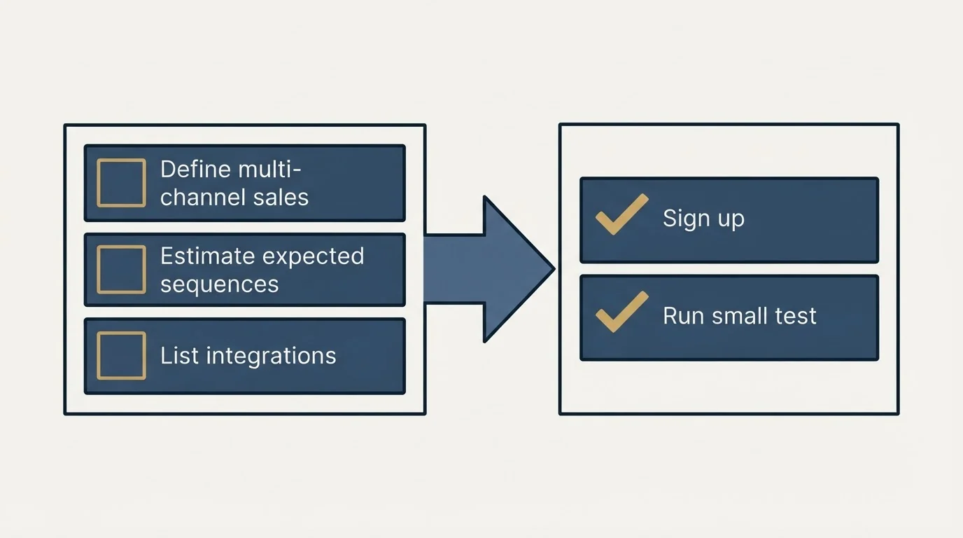 Before-and-after steps: Getting Started Checklist (Define multi-channel sales, Estimate expected sequences, List integrations, Sign up)
