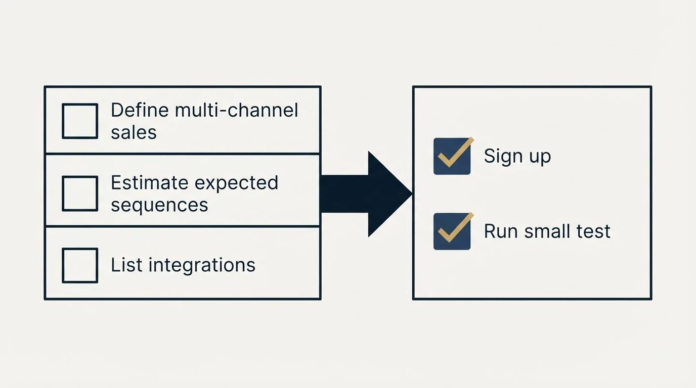Before-and-after steps: Getting Started Checklist (Define multi-channel sales, Estimate expected sequences, List integrations, Sign up)