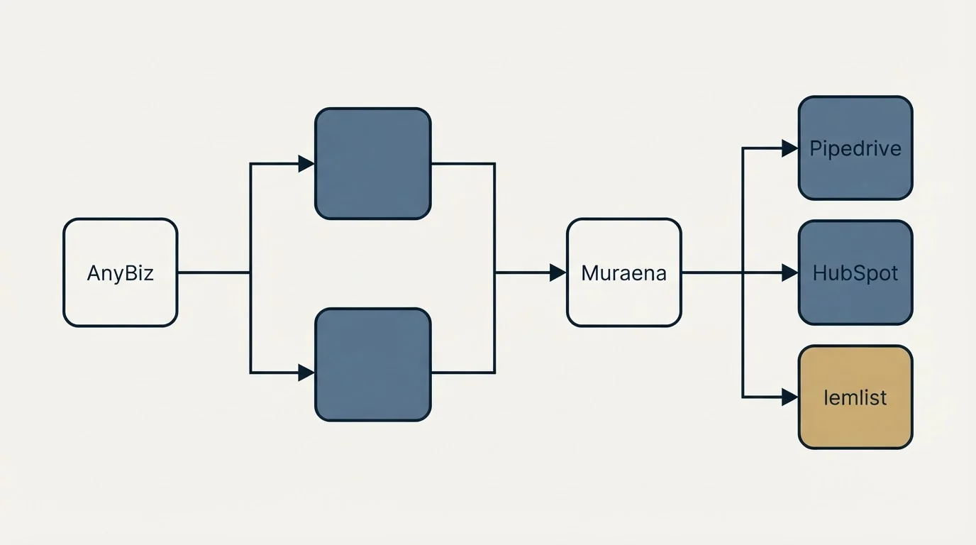 Integration flow: Integration Ecosystem (AnyBiz, Muraena, Pipedrive, HubSpot)