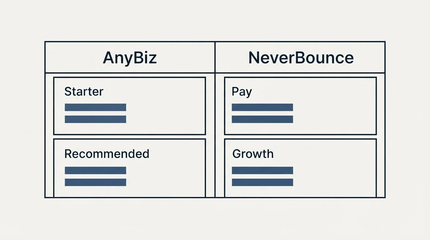 Pricing table: Pricing Comparison (AnyBiz, NeverBounce, Starter, Pay)