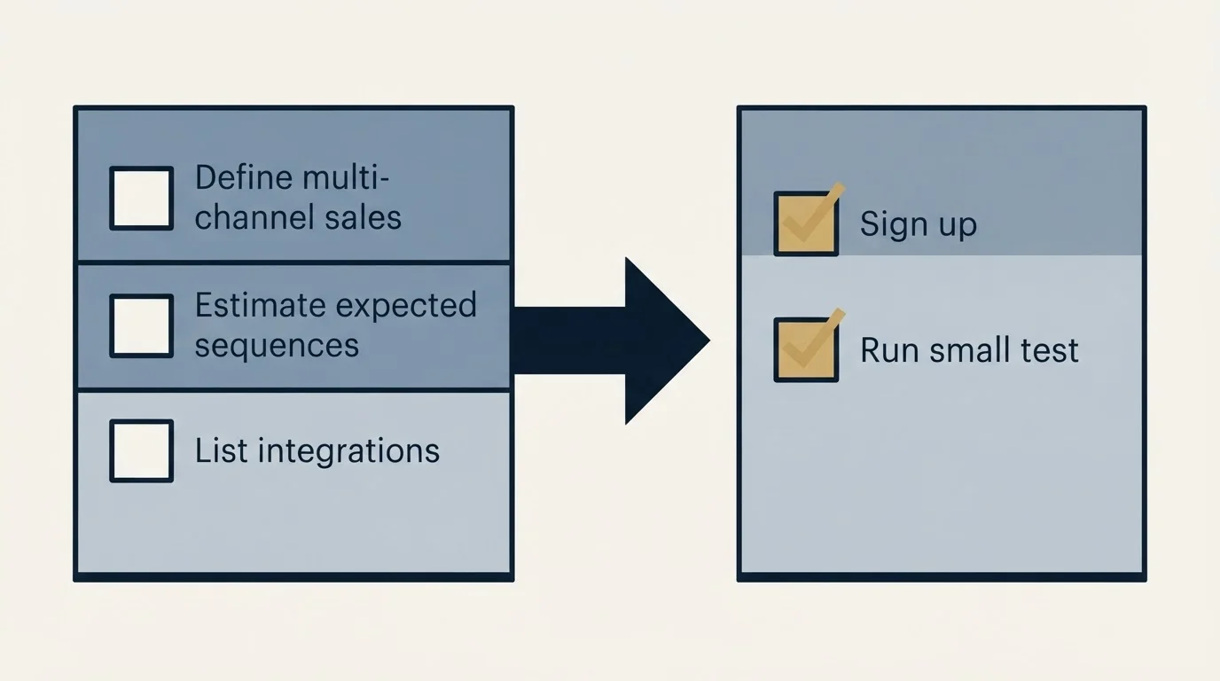 Before-and-after steps: Getting Started Checklist (Define multi-channel sales, Estimate expected sequences, List integrations, Sign up)