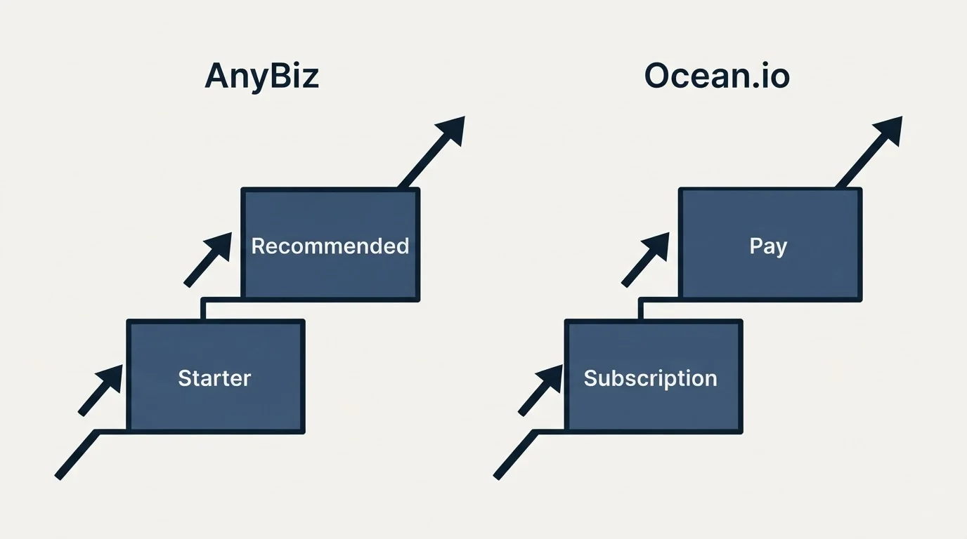 Pricing ladder: Pricing Comparison (AnyBiz, Ocean.io, Starter, Subscription)