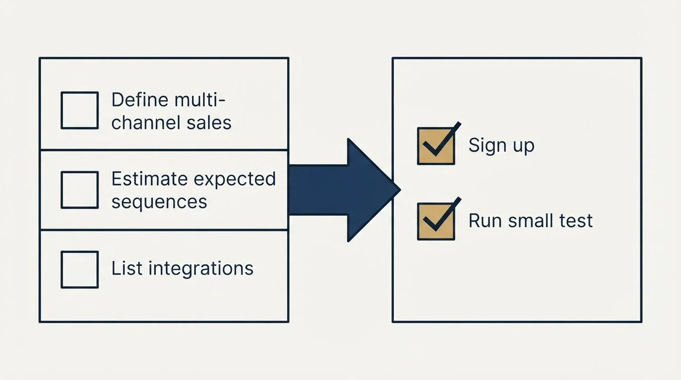 Before-and-after steps: Getting Started Checklist (Define multi-channel sales, Estimate expected sequences, List integrations, Sign up)