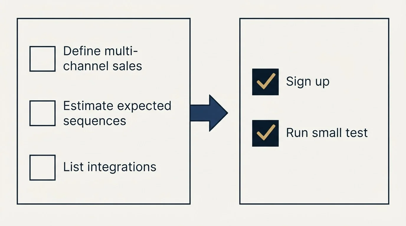 Before-and-after steps: Getting Started Checklist (Define multi-channel sales, Estimate expected sequences, List integrations, Sign up)