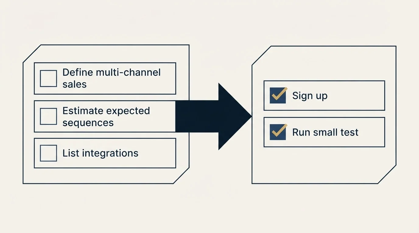 Before-and-after steps: Getting Started Checklist (Define multi-channel sales, Estimate expected sequences, List integrations, Sign up)