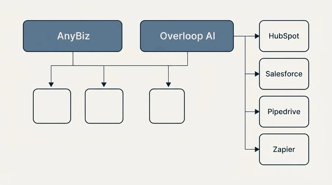 Integration grid: Integration Ecosystem (AnyBiz, Overloop AI, HubSpot, Salesforce)