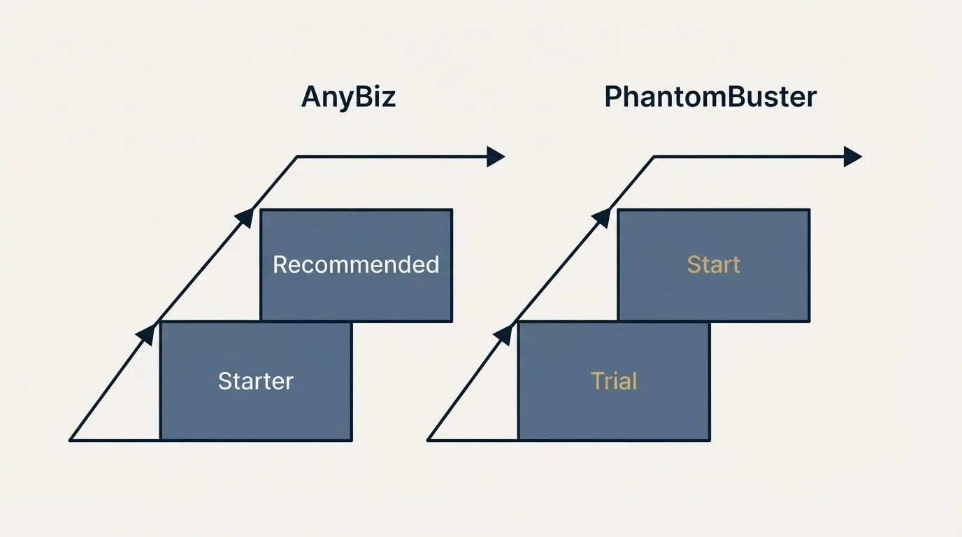 Pricing ladder: Pricing Comparison (AnyBiz, PhantomBuster, Starter, Trial)