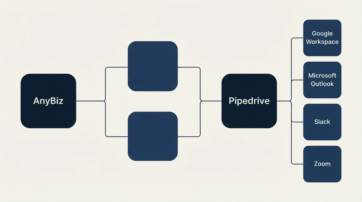 Integration flow: Integration Ecosystem (AnyBiz, Pipedrive, Google Workspace, Microsoft Outlook)
