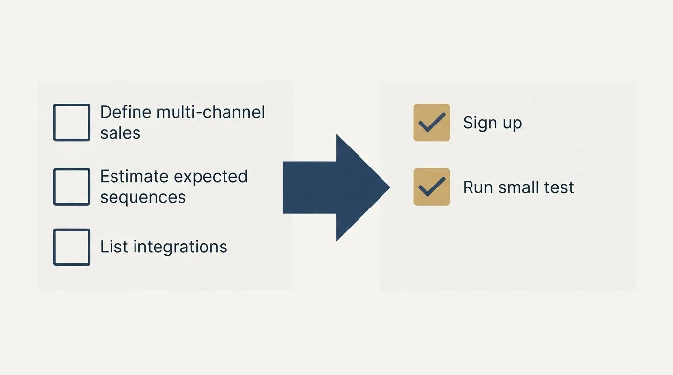 Before-and-after steps: Getting Started Checklist (Define multi-channel sales, Estimate expected sequences, List integrations, Sign up)