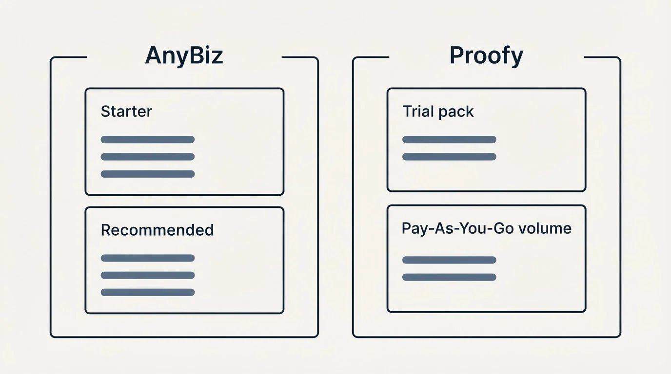 Pricing panels: Pricing Comparison (AnyBiz, Proofy, Starter, Trial pack)