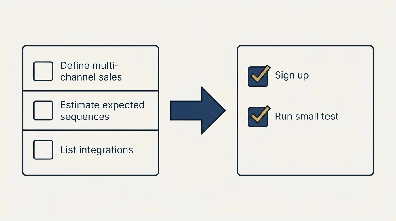 Before-and-after steps: Getting Started Checklist (Define multi-channel sales, Estimate expected sequences, List integrations, Sign up)