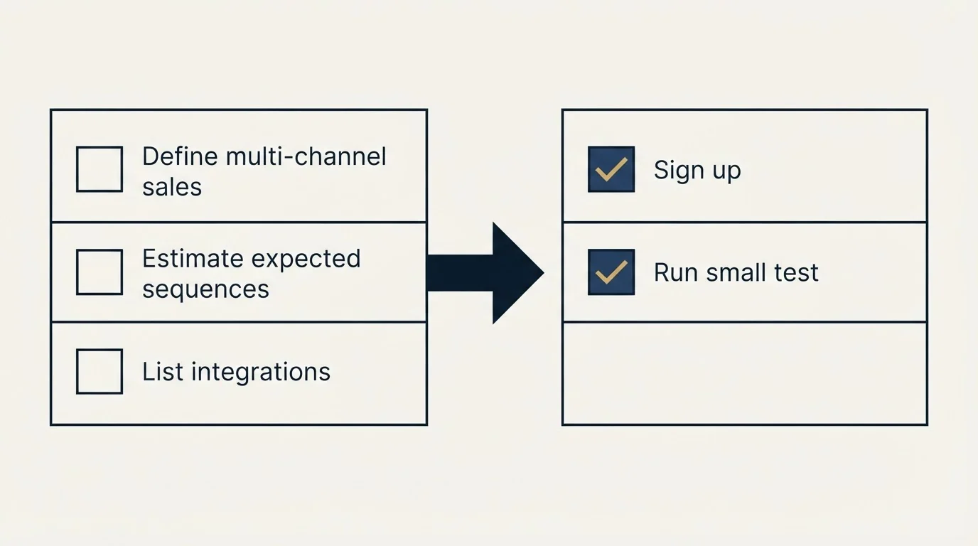 Before-and-after steps: Getting Started Checklist (Define multi-channel sales, Estimate expected sequences, List integrations, Sign up)