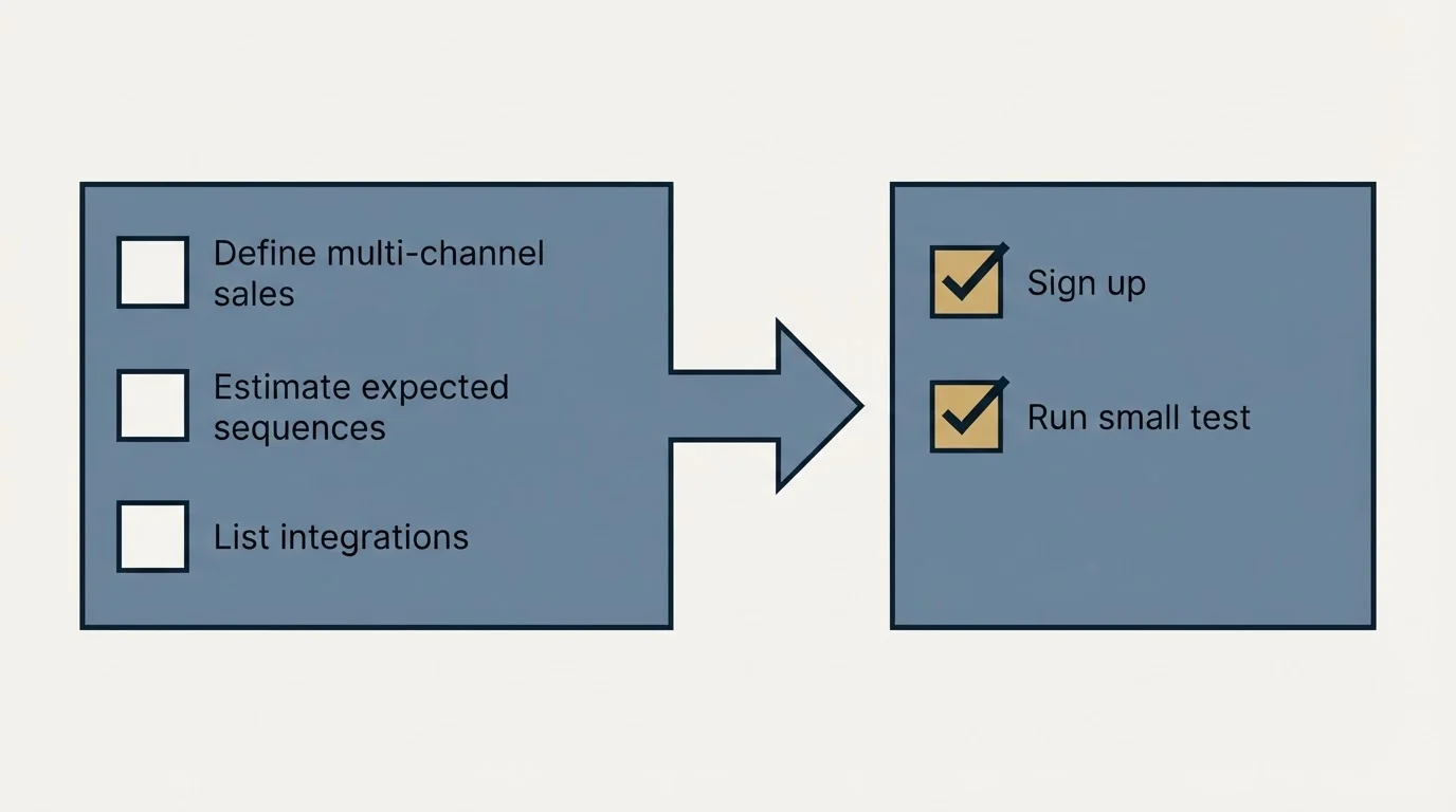 Before-and-after steps: Getting Started Checklist (Define multi-channel sales, Estimate expected sequences, List integrations, Sign up)