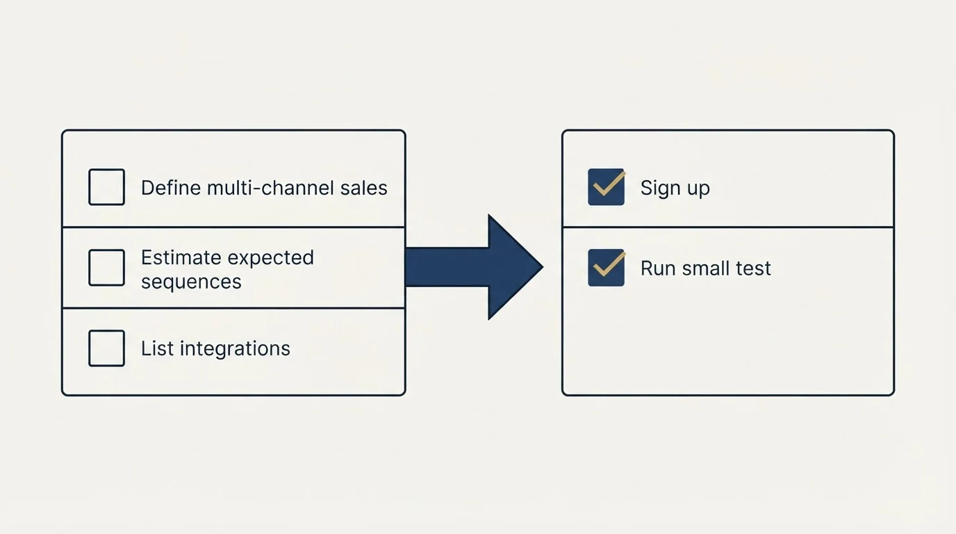 Before-and-after steps: Getting Started Checklist (Define multi-channel sales, Estimate expected sequences, List integrations, Sign up)