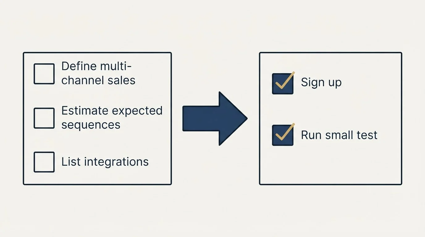 Before-and-after steps: Getting Started Checklist (Define multi-channel sales, Estimate expected sequences, List integrations, Sign up)