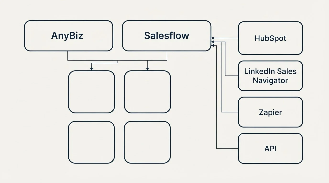 Integration grid: Integration Ecosystem (AnyBiz, Salesflow, HubSpot, LinkedIn Sales Navigator)