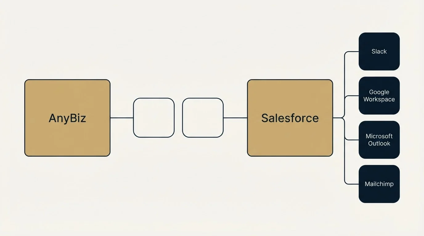 Integration schematic: Integration Ecosystem (AnyBiz, Salesforce, Slack, Google Workspace)