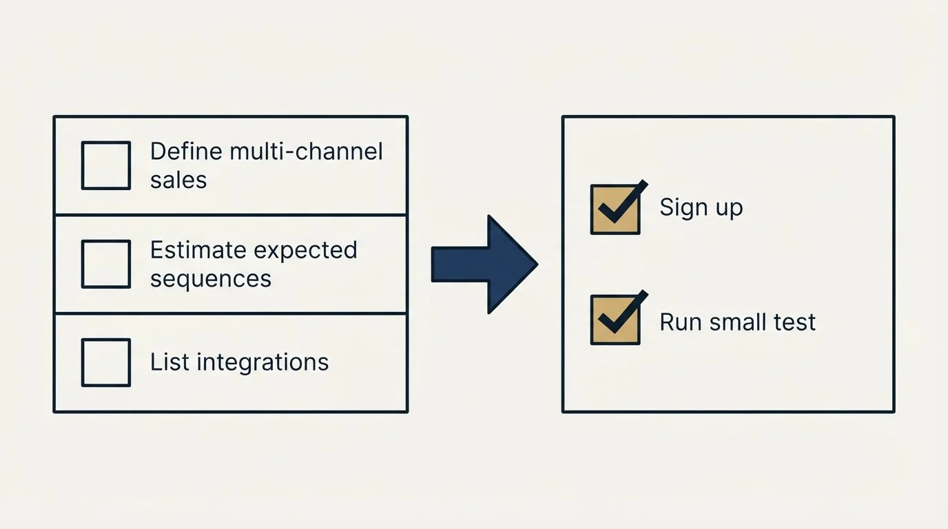 Before-and-after steps: Getting Started Checklist (Define multi-channel sales, Estimate expected sequences, List integrations, Sign up)