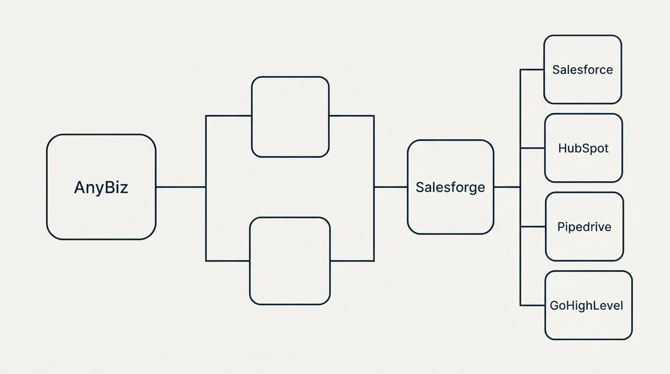 Integration flow: Integration Ecosystem (AnyBiz, Salesforge, Salesforce, HubSpot)