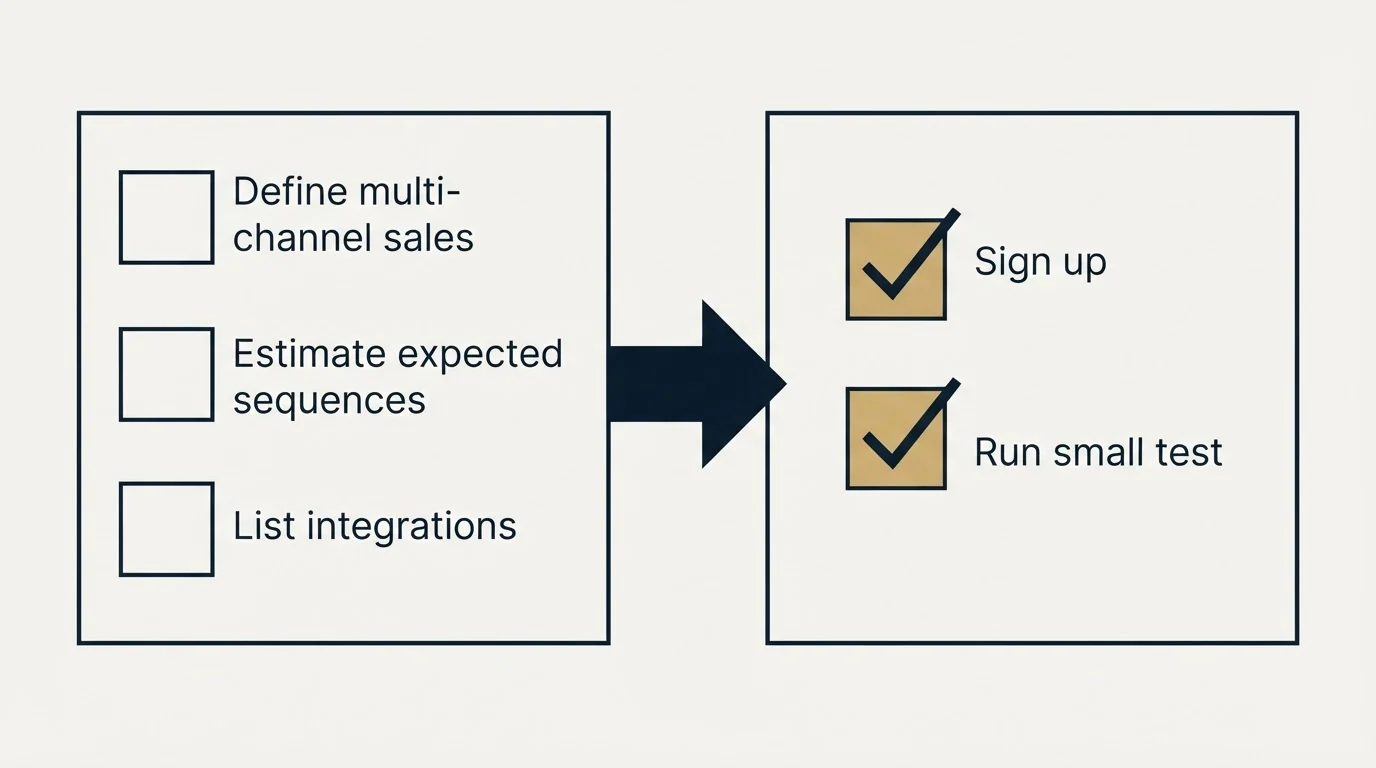 Before-and-after steps: Getting Started Checklist (Define multi-channel sales, Estimate expected sequences, List integrations, Sign up)