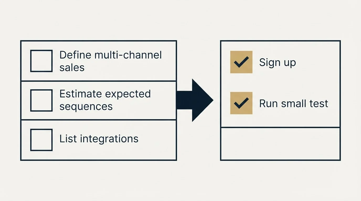 Before-and-after steps: Getting Started Checklist (Define multi-channel sales, Estimate expected sequences, List integrations, Sign up)