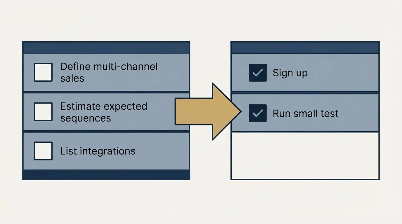 Before-and-after steps: Getting Started Checklist (Define multi-channel sales, Estimate expected sequences, List integrations, Sign up)