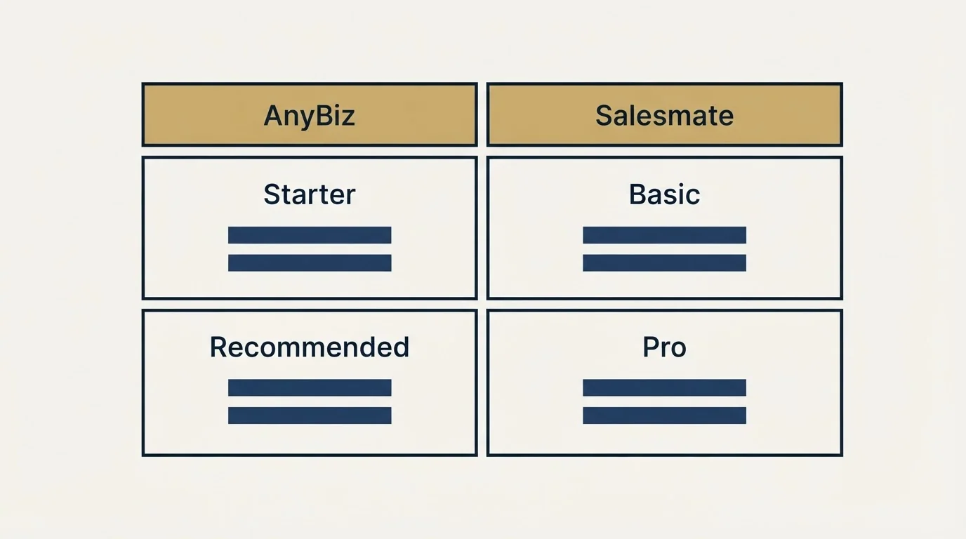 Pricing table: Pricing Comparison (AnyBiz, Salesmate, Starter, Basic)