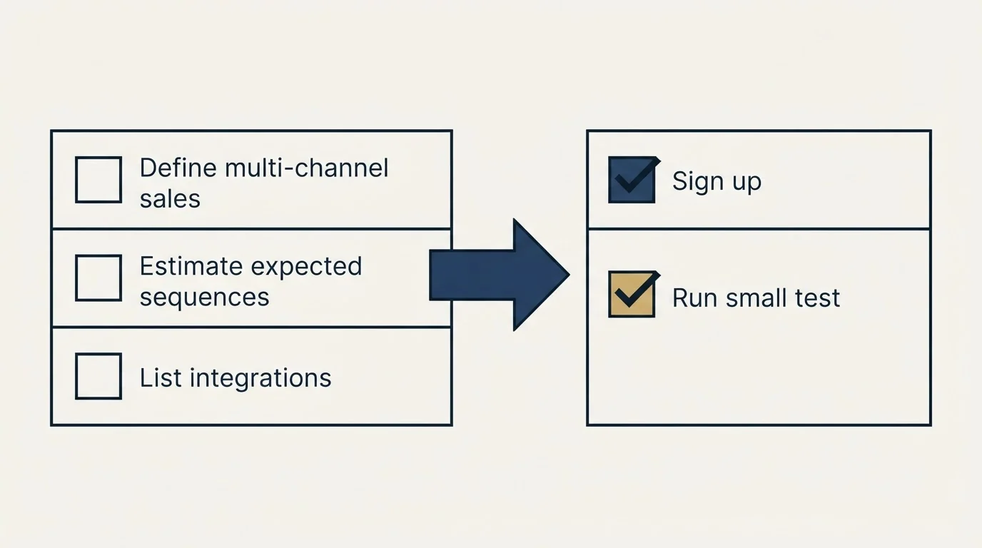 Before-and-after steps: Getting Started Checklist (Define multi-channel sales, Estimate expected sequences, List integrations, Sign up)