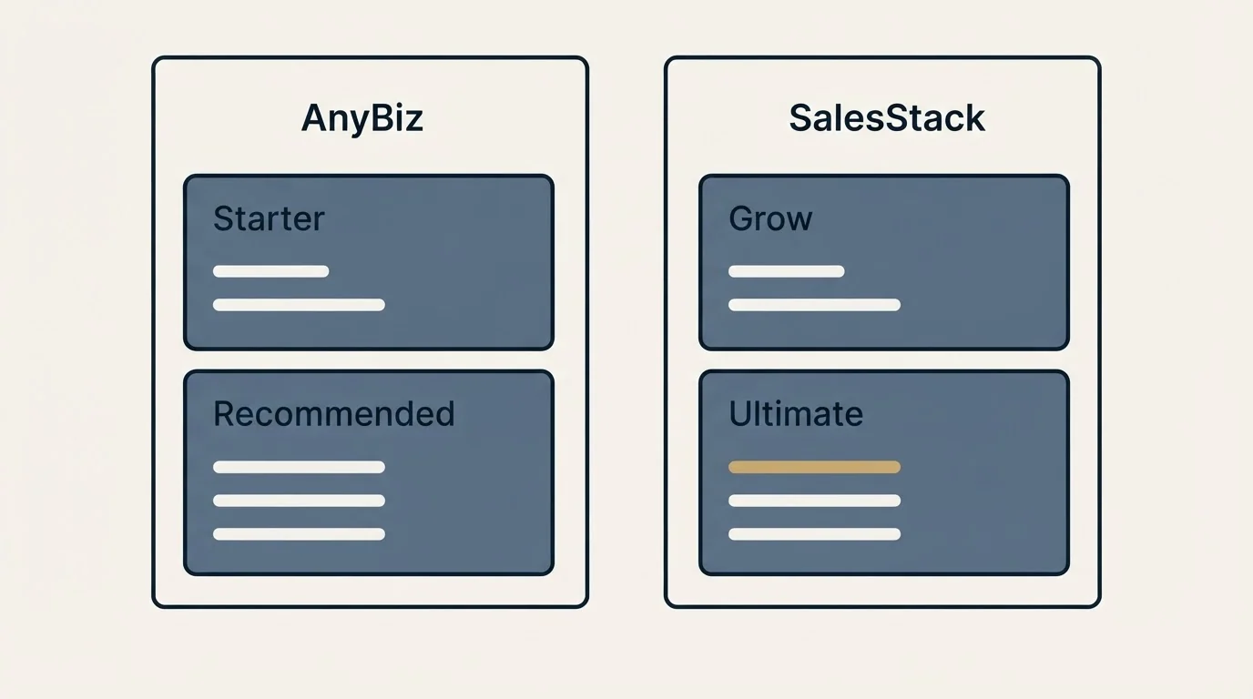 Pricing panels: Pricing Comparison (AnyBiz, SalesStack, Starter, Grow)