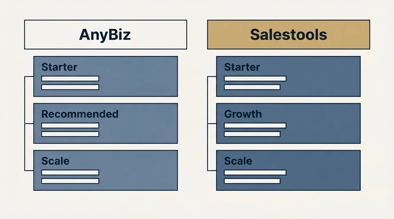 Pricing table: Pricing Comparison (AnyBiz, Salestools, Starter, Recommended)