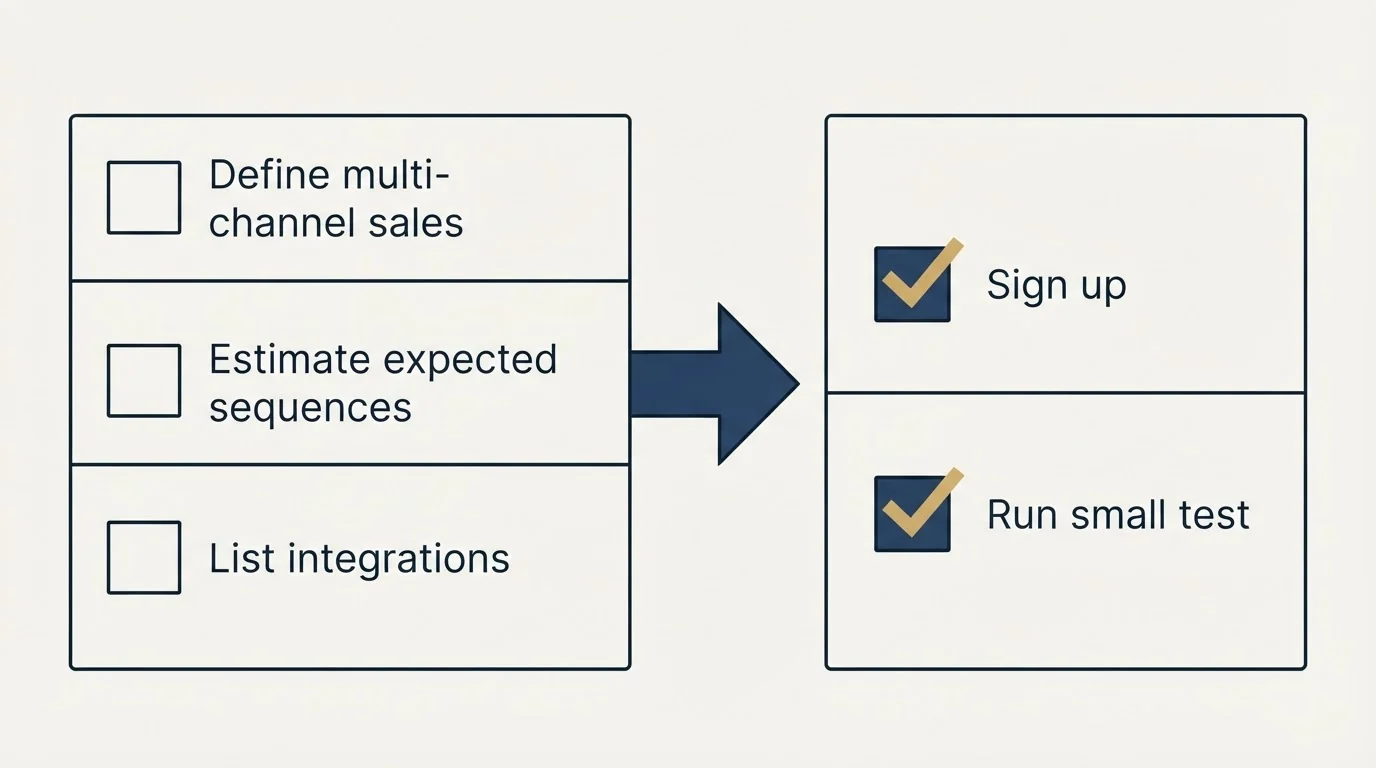 Before-and-after steps: Getting Started Checklist (Define multi-channel sales, Estimate expected sequences, List integrations, Sign up)