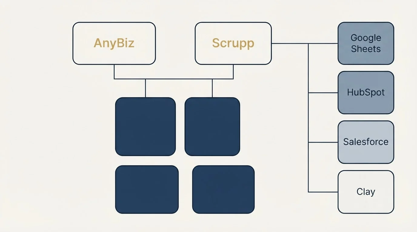 Integration grid: Integration Ecosystem (AnyBiz, Scrupp, Google Sheets, HubSpot)
